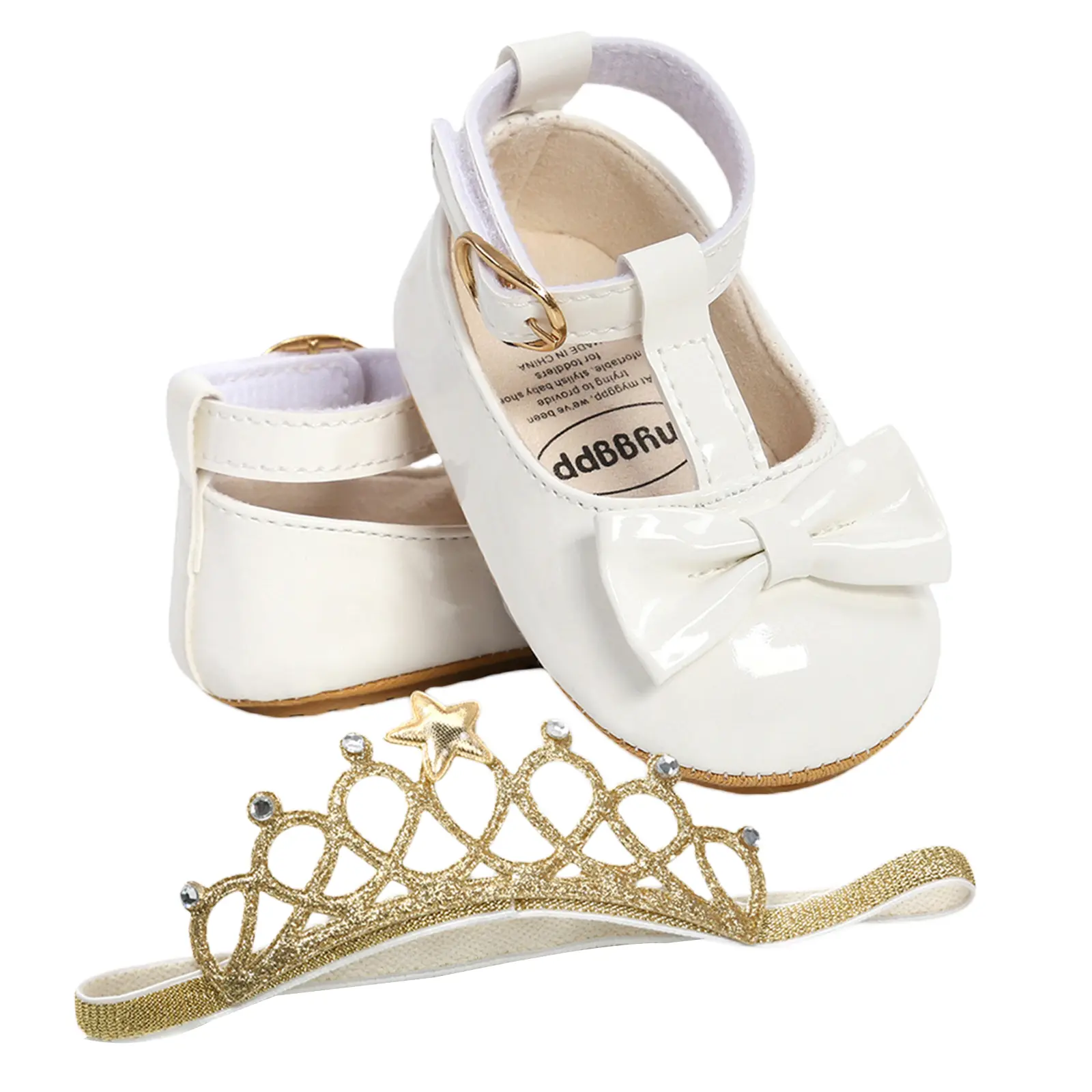 Baby Girls PU Leather Dress Shoes Non Slip Soft Mary Jane Flats with Bow Rubber Sole Shoes and Headband Set 0-18M