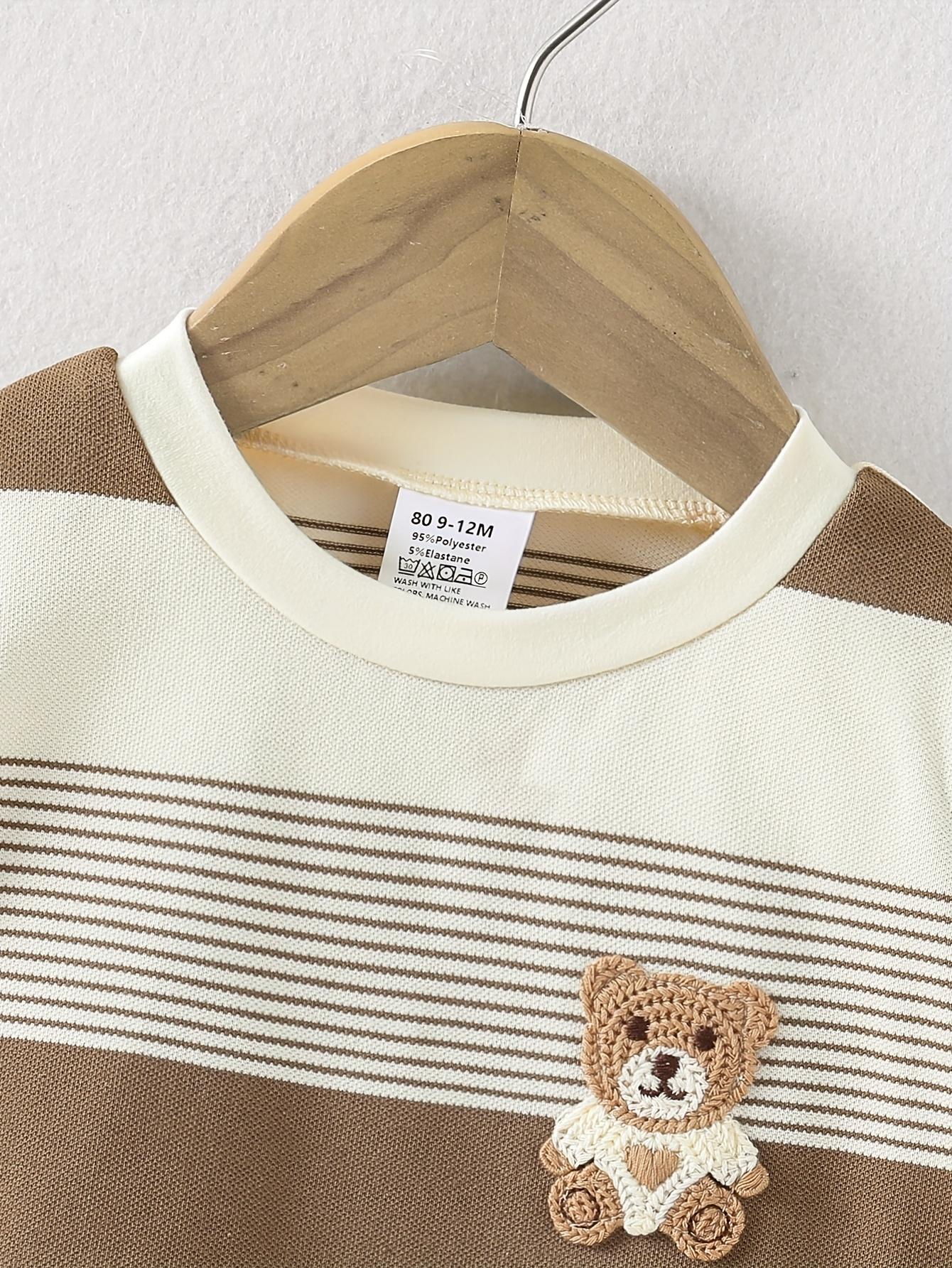 2pcs Summer Casual Baby Outfit - Brown & White Striped Shorts Set with Cute Bear Patch, Comfortable Stretch Fabric for Outdoor Play and Daily Wear, Everyday Baby Clothes |     Playful Bear Design |     Comfortable Fit, Baby Clothes