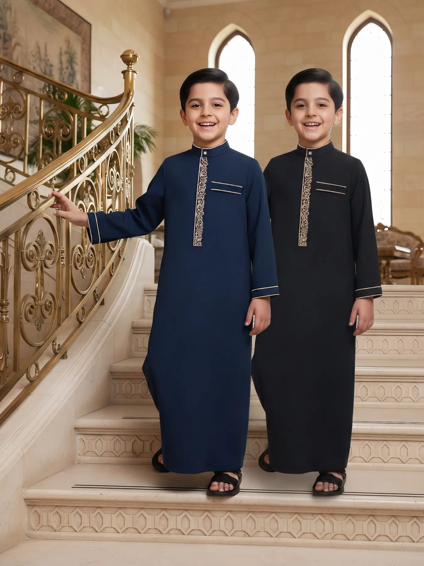 Muslim Boy Traditional Long Robe, Elegant Embroidered Stand Collar Button Front Side Pockets, Suitable for 8-12 Year Old Boys Daily Casual Formal Occasions