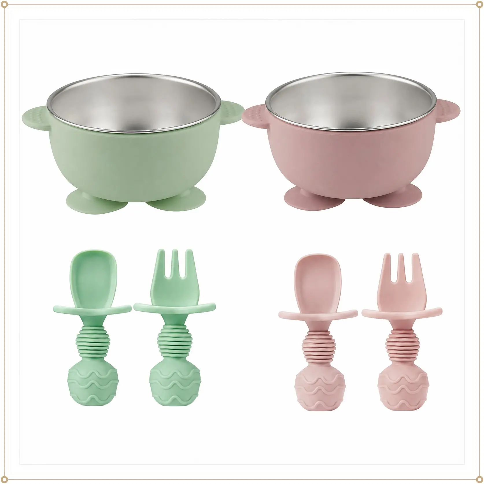 PandaEar 2 Pack Stainless Steel Baby Suction Bowls & 4 Pcs Silicone Baby Utensils Set, Non-Slip Toddler Food Bowls with Silicone Sleeve & Anti-Choke Spoon Fork Set for Babies Led Weaning(Gift)