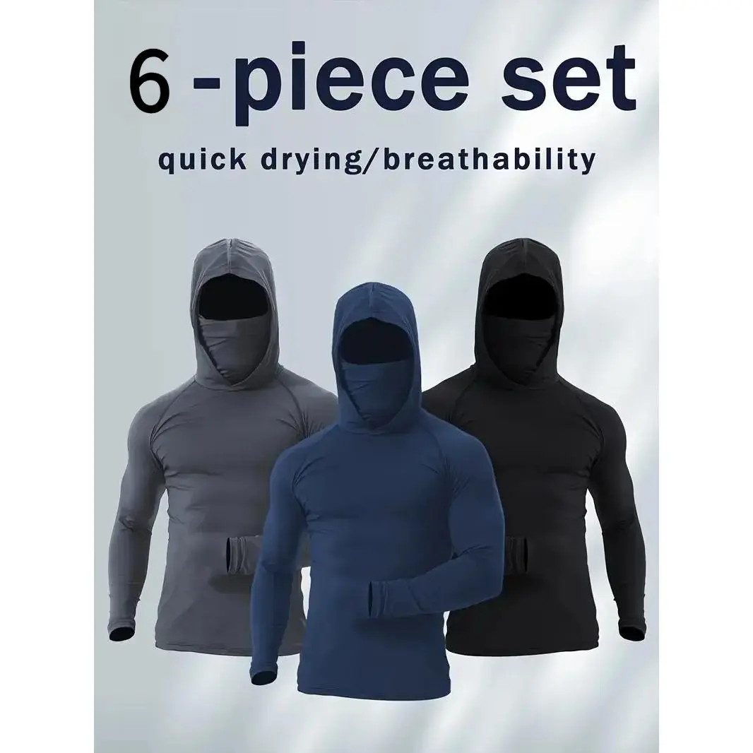 [NEW 6pcs] 2026 Suitable for Fishing Men's Quick Drying Breathable Hoodies With Masks | Long Sleeved T-shirt - Spring And Autumn Compression Sports Top - Enhance Your Workout Performance, It's A Gift