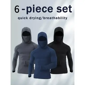 [NEW 6pcs] 2026 Suitable for Fishing Men's Quick Drying Breathable Hoodies With Masks | Long Sleeved T-shirt - Spring And Autumn Compression Sports Top - Enhance Your Workout Performance, It's A Gift