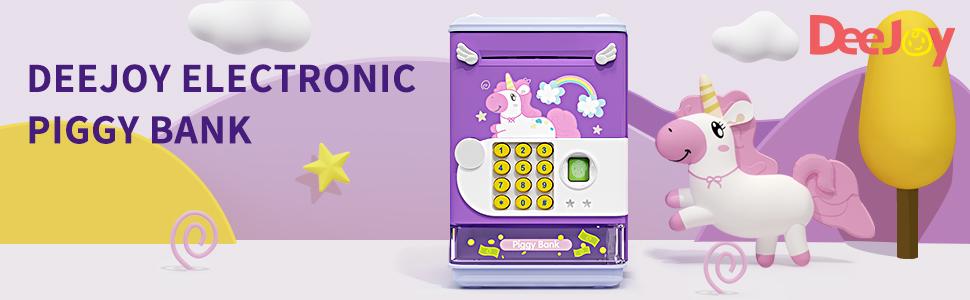 ZY   Mini ATM Savings Machine with Personal Password & Fingerprint Unlocking Simulation - Music Box with Songs for, Boys and Girls 3-8 Years (Purple) Decor Piggy Transparent Set Ornaments Pink Add Swipe Card Function