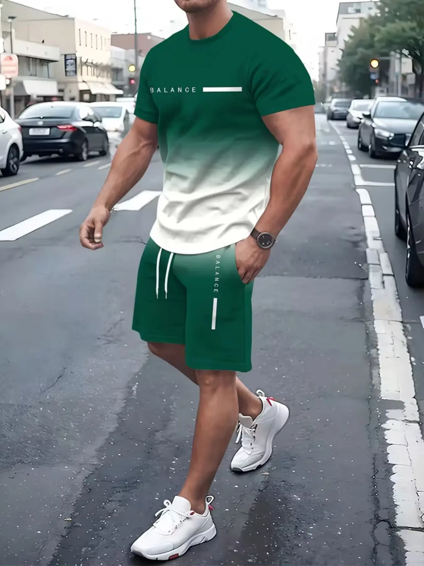 Men's Gradient Letter Signature Full-Print Tee and Drawstring Shorts Set, Casual Fitted Round Neck Short Sleeve T-Shirt, All Seasons