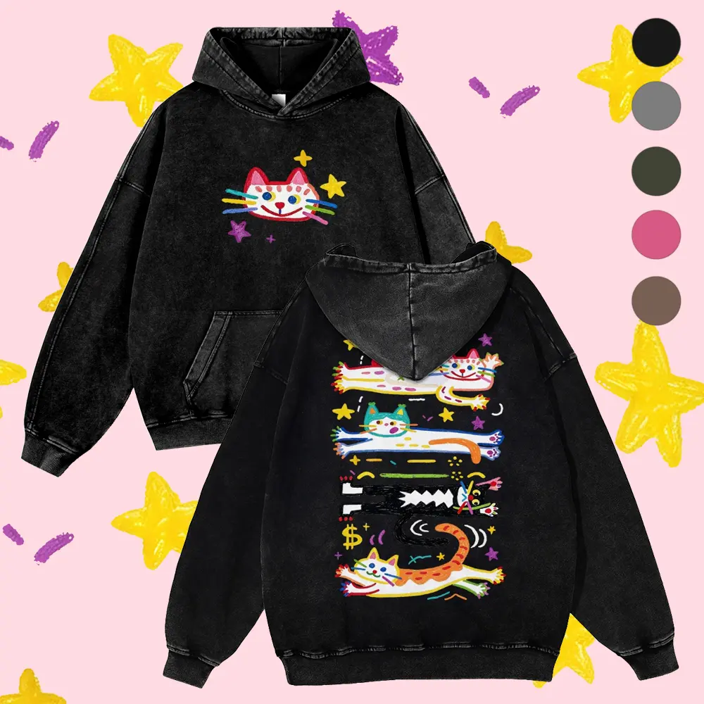 Y2K Indie Streetwear Aesthetic, Graffiti Elongated Flying Cats Hoodie Playful Art Casual Style, Star Cat Unisex 380g Autumn VIntage Washed Hoodie Graphic Sweatshirt Long Sleeve Thick
