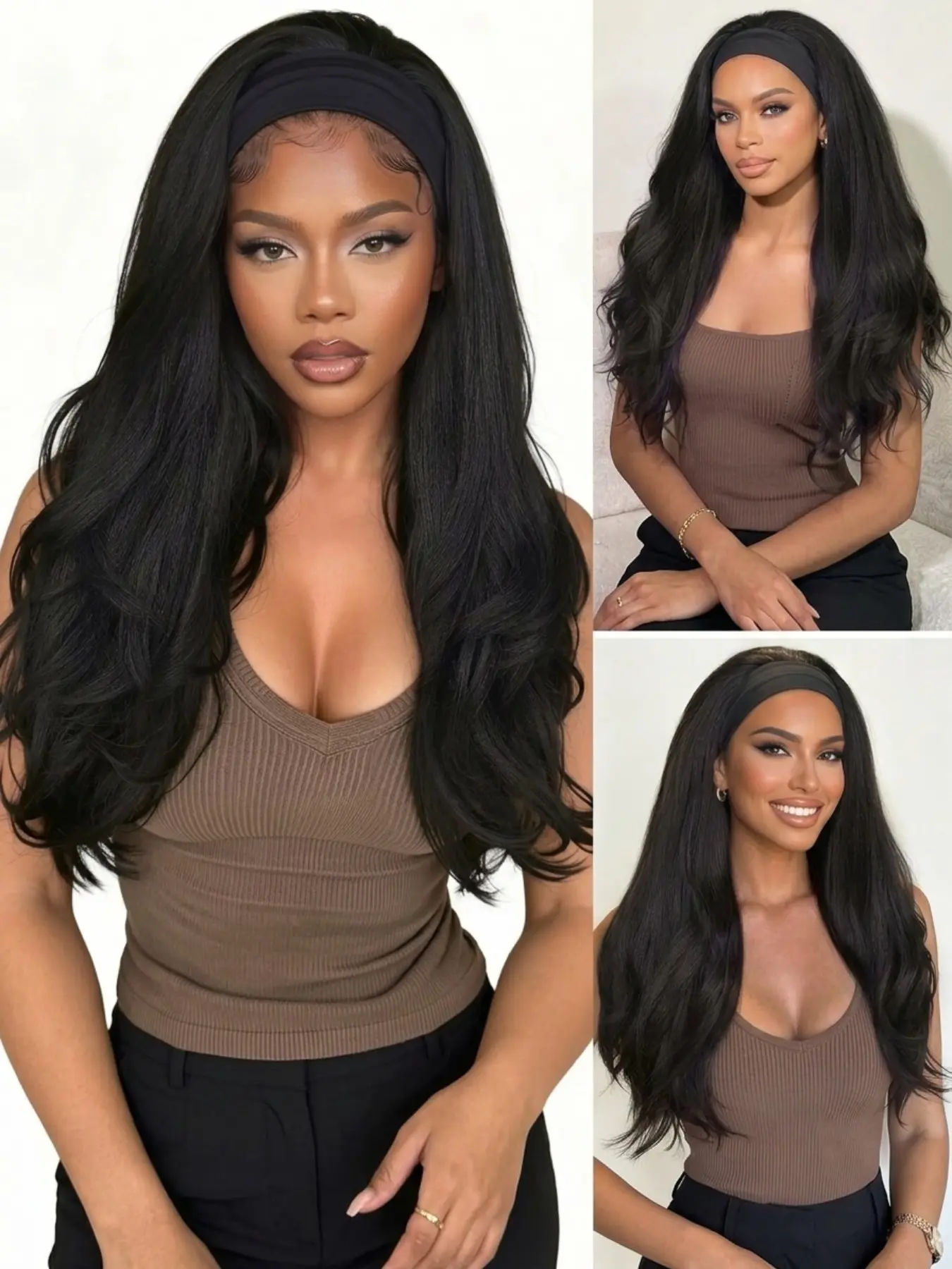 26 Inch Yaki Wavy Hairband Wig for Women, Synthetic Fiber, Easy to Wear, Voluminous Straight Hairband Wig, Lightweight Glue-Free Half Wig, Glueless Headband Wig
