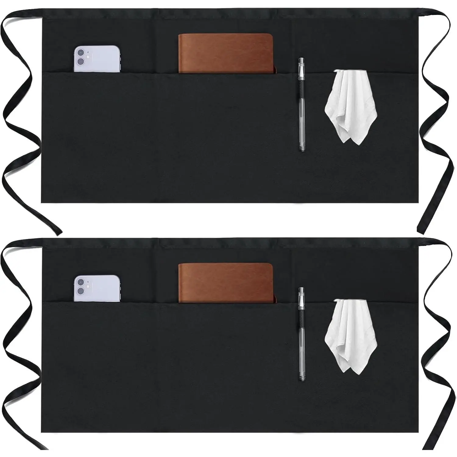 2 Pack Server Apron - Waist Half Aprons for Waitress with 3 Pockets, Black Short Serving