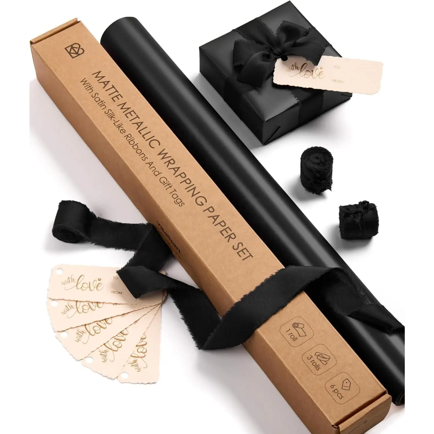 Matte Metallic Black Wrapping Paper Set 17" Ribbons &  Tags | -In- Recyclable Luxury Elegant  Paper Roll Christmas Holiday Bridal  Shower Wedding Girls Boys Birthday 197"