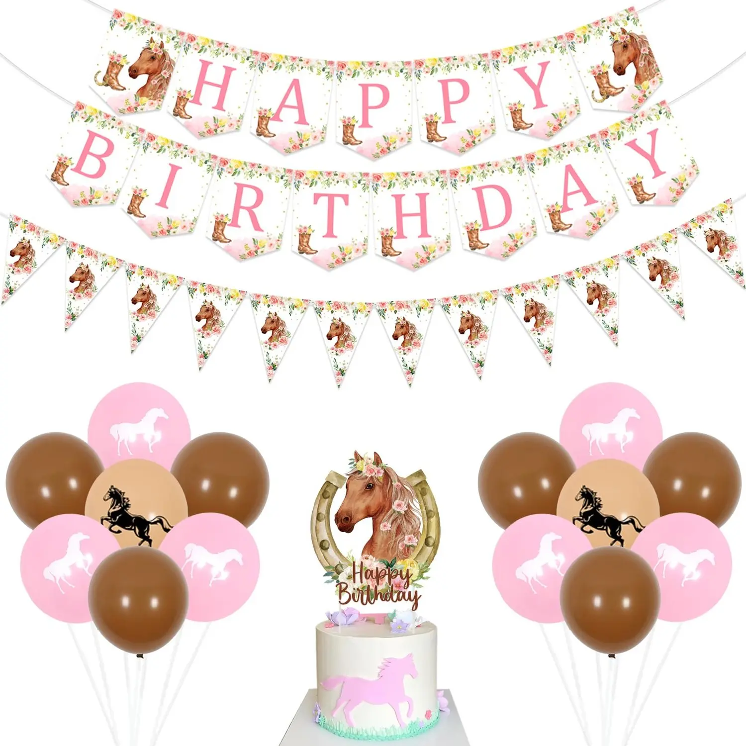 1Set Horse Birthday Decoration Girl Horse Birthday Decoration Happy Birthday Flag Rose Powder Birthday Decoration Horse Balloon Cake Racing Birthday Party