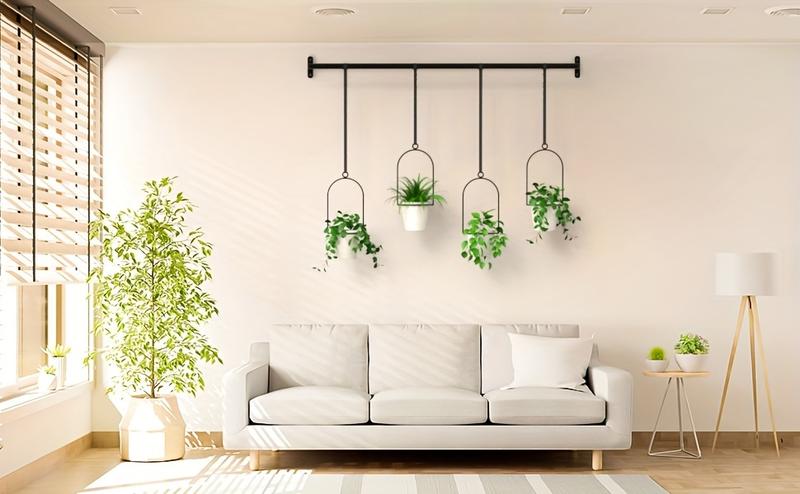 1set Metal Adjustable Hanging Planters with 4pcs Plastic Pots, Rail for Indoor Window & Ceiling Herb Garden, Wall Plant Hanger with Nylon Cords, 11.8" -18.1" Width Expandable Cabinet Drawers for Pot and Pan, Slide Out Storage Rack, Black, Flower Pots