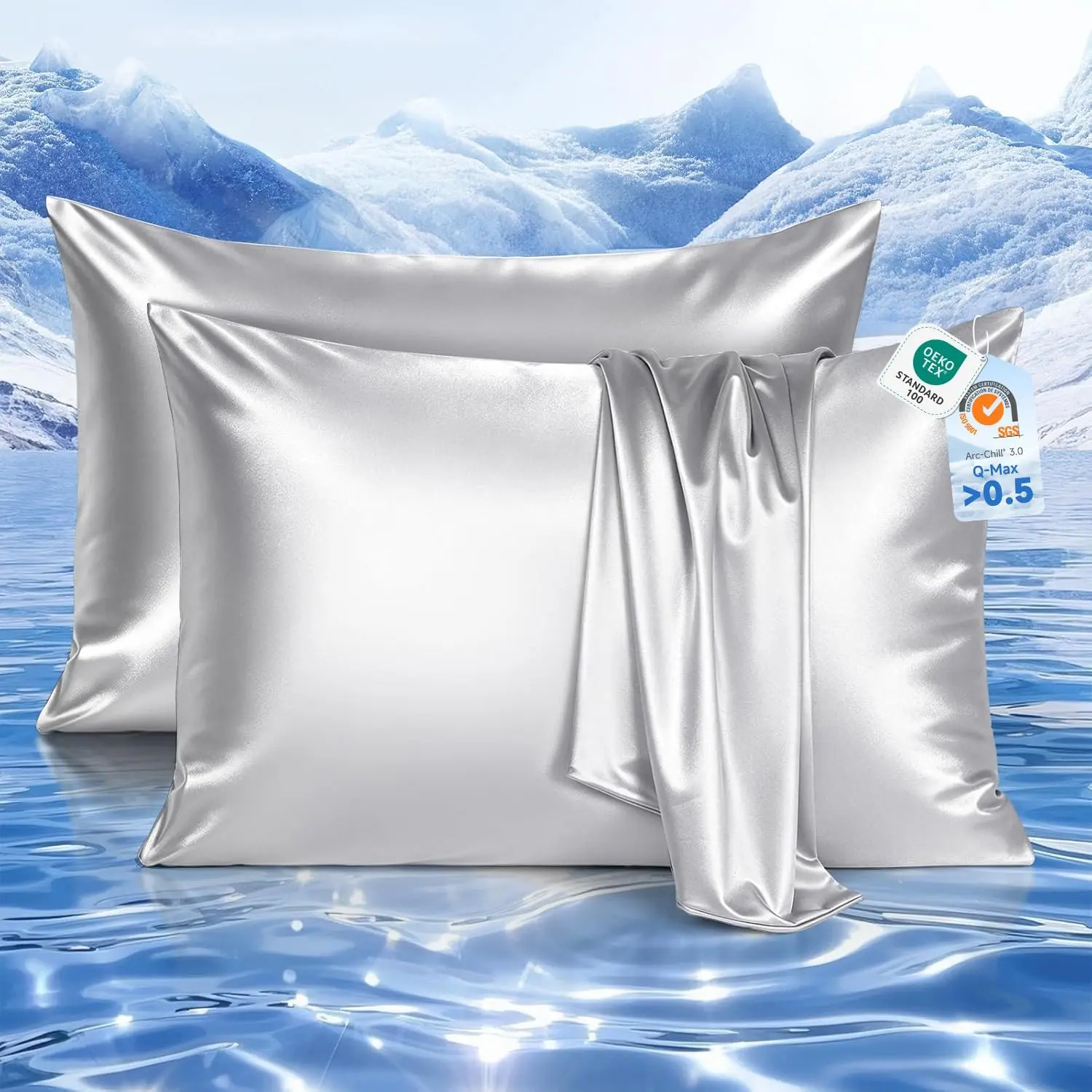 Cooling Pillow Cases Set of 2 for Hot Sleepers, Soft Silky Satin Pillowcase for Hair & , Upgraded Arc-Chill Cooling Satin Pillowcase Q-max>0.5, Luxury Zipper Pillowcase Cover-Standard,Gray