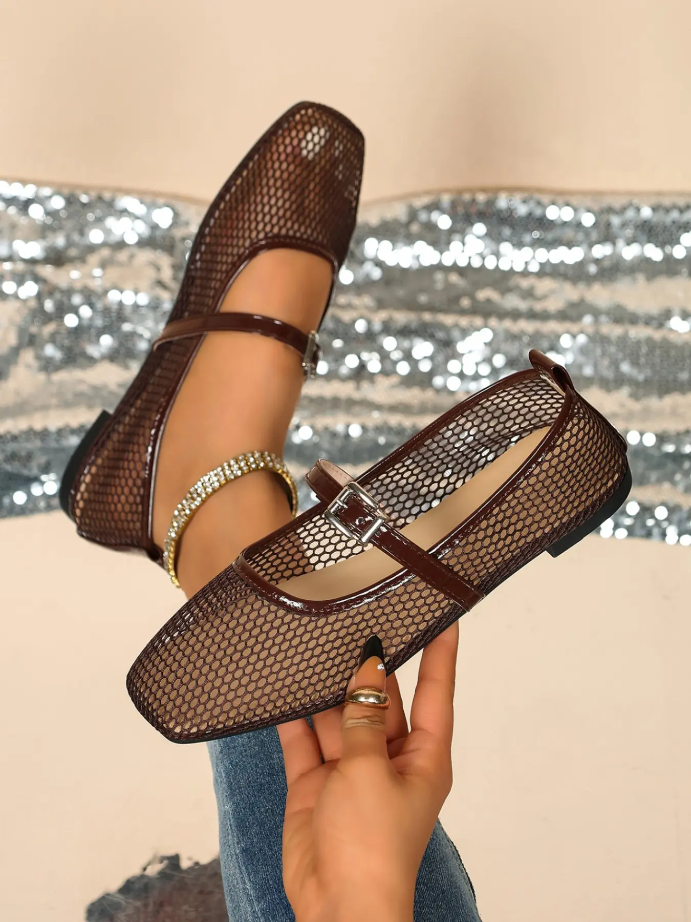 Mesh Mary Jane Flat Sandals, Breathable Square Toe, Fashion PU Leather, Metal Buckle, Casual Office Shoes for Women