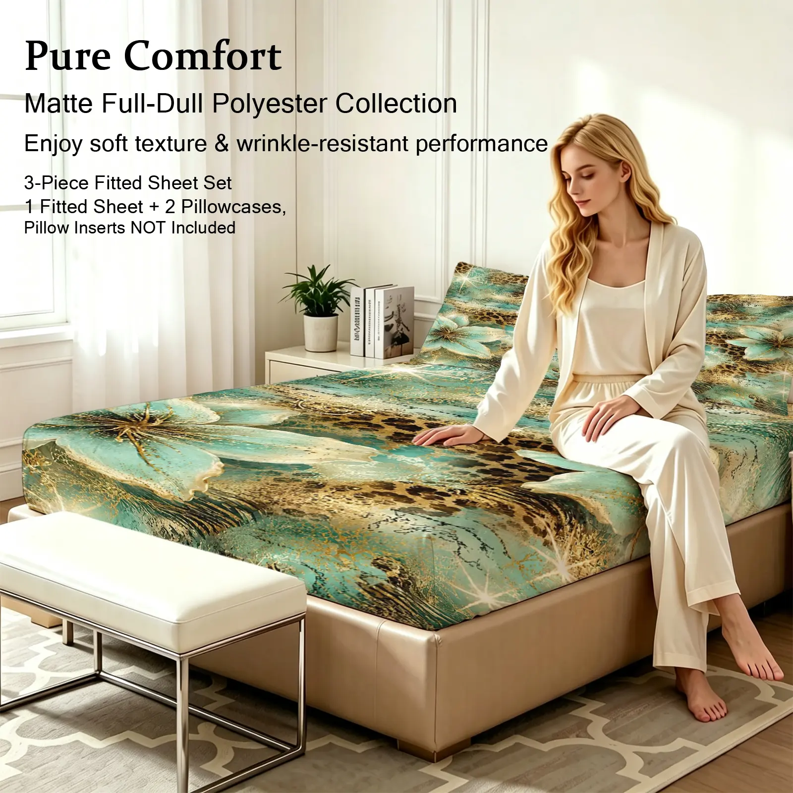 3pcs Fitted sheet Luxury Vintage Abstract Green Gold Printed Bedding Set, Wrinkle Resistant Soft Breathable Fade Proof Dull Polyester Bed Sheet Set with 2 Pillowcases for Bedroom Home Full Queen King Twin Size Breathable Sheets