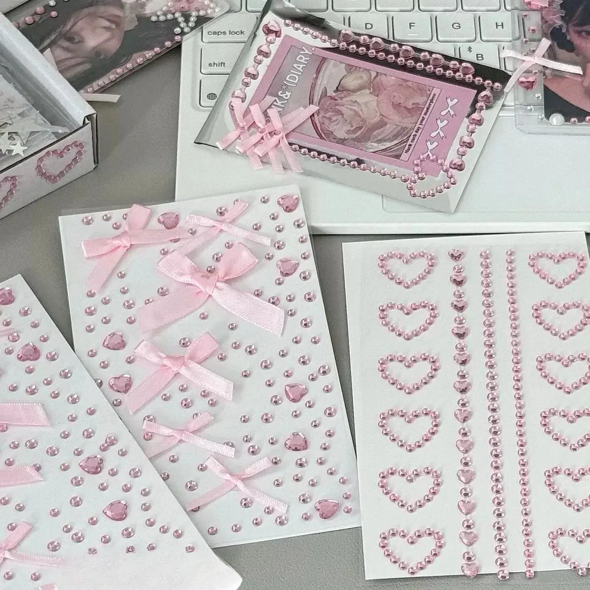4pcs/Pack Kpop Photocard Deco Stickers Pink Silver Rhinestone Angel Wings Star Heart 3D Stickers Bling DIY Scrapbooking Stickers