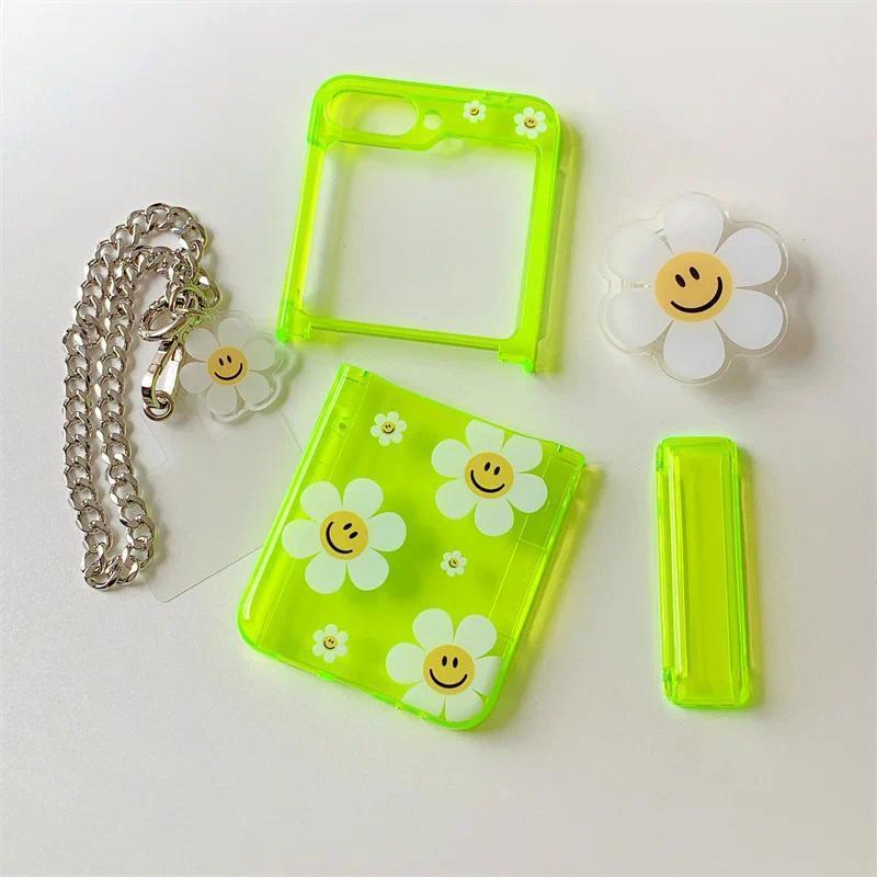 Phone Case For Samsung Galaxy Z Flip 7 FE 6 5 4 3 Fluorescent Green Insert Cards Cute Flower Stand Bracelet Shockproof Cover