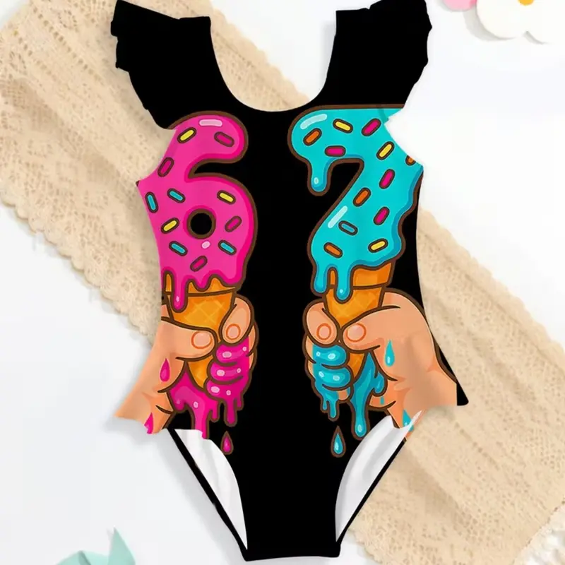 Summer Girls Casual Cool Cute Sleeveless Triangle One-Piece Swimsuit, Beach Vacation Holiday Birthday Gift, Random Print Outdoor Sportswear, Triangle Bathing Suit Kid, Swimwear