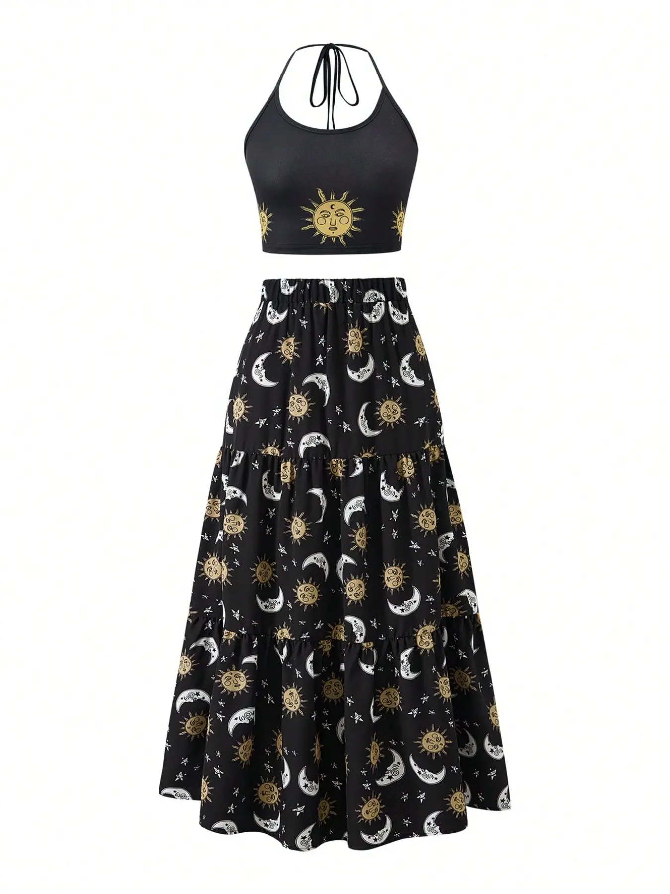Boho Style Celestial Elements Set, Women's Sleeveless Halter Top, Moon and Stars Print, Layered Ruffle Long Skirt, Casual Two-Piece