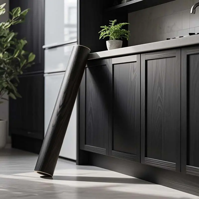 A roll of black wood grain stickers, Self Adhesive, Peel and Stick Wallpaper, waterproof and oil-proof vinyl film, suitable for kitchen, bathroom, easy to paste and remove, hollow pattern, semi-gloss, reusable PVC material, Removable Waterproof Wallpaper