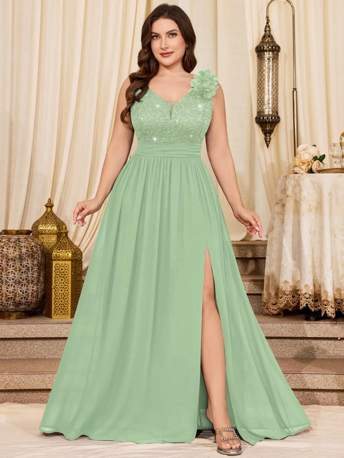 MISSMAY P25613A Plus Sequin Floral Lace Deep V-Neck 3D Flower Sleeveless Contrast Chiffon Split Thigh Ruched Hem Formal Party Maxi Dress, Wedding Guest Dress