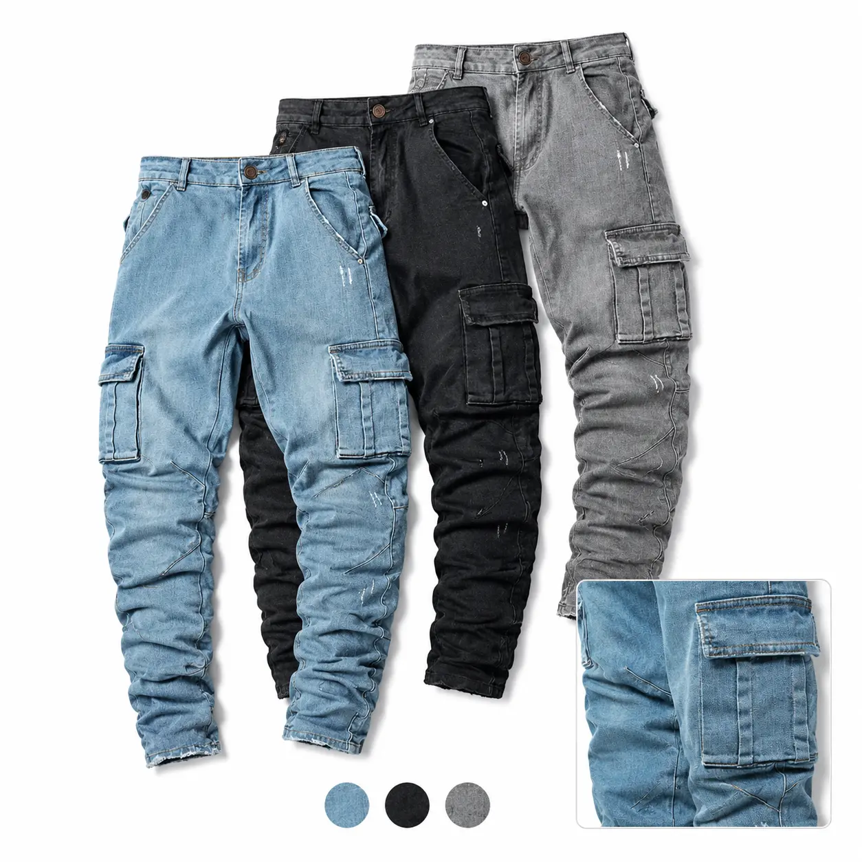 Men's Cargo Jeans - Casual Slim Fit Stacked Stretch Denim with Utility Pockets and Distressed Raw Hem, Ankle Length, Distressed Denim Style, Deep Pocket Men's Jeans, Denim Your Way