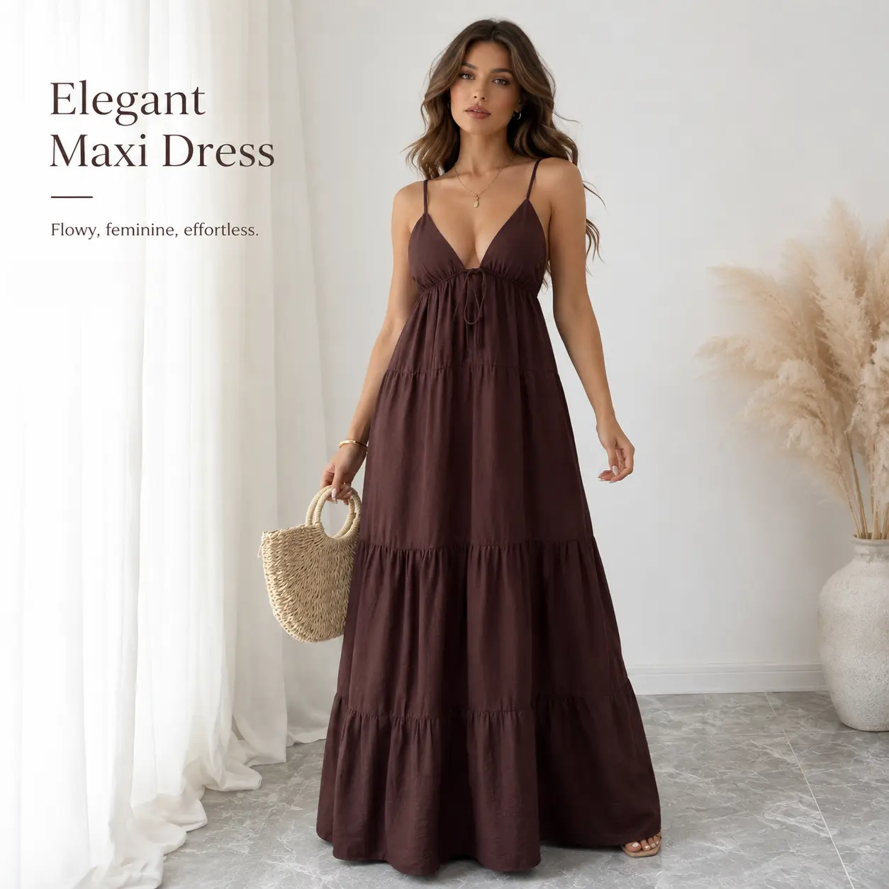 Women's Summer Maxi Dress Deep V Neck Spaghetti Strap Tiered Long Dress with Front Tie, Flowy Relaxed Fit Boho Sundress for Beach Vacation, Brunch, Resort, Casual Daily Wear, Sleeveless Lightweight Elegant Brown Dress, Holiday Travel Outfit for Women
