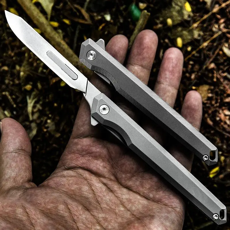 Titanium Alloy  Fast Open Folding Knife Medical EDC Outdoor Unpacking Pocket Utility Knife 5PCS NO.60 Replaceable Blades