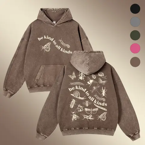 Men's 380g Washed Cotton Hoodie - Casual Wear, Graphic Print Insect Sketch, Bug Lover Theme, Be Kind Message, Autumn Oversize Long Sleeve Top, Multi-Size, for Jeans Pairing