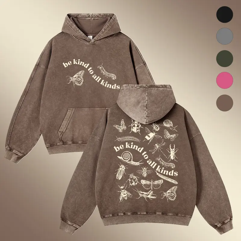 Men's 380g Washed Cotton Hoodie - Casual Wear, Graphic Print Insect Sketch, Bug Lover Theme, Be Kind Message, Autumn Oversize Long Sleeve Top, Multi-Size, for Jeans Pairing