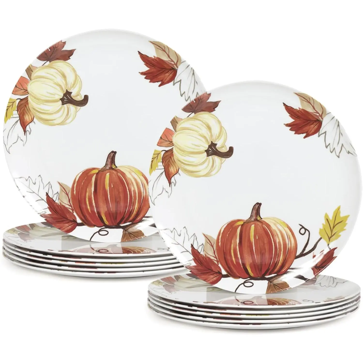 12 count ‌Melamine ‌Pumpkin Dinner Plates,10 Inch Fall Dishes for Thanksgiving | Pumpkin & Autumn Leaf Decorations Plate, Dishes Set for Decor‌ Party, Ideal for Salad,Dessert,Fruit and Cakes