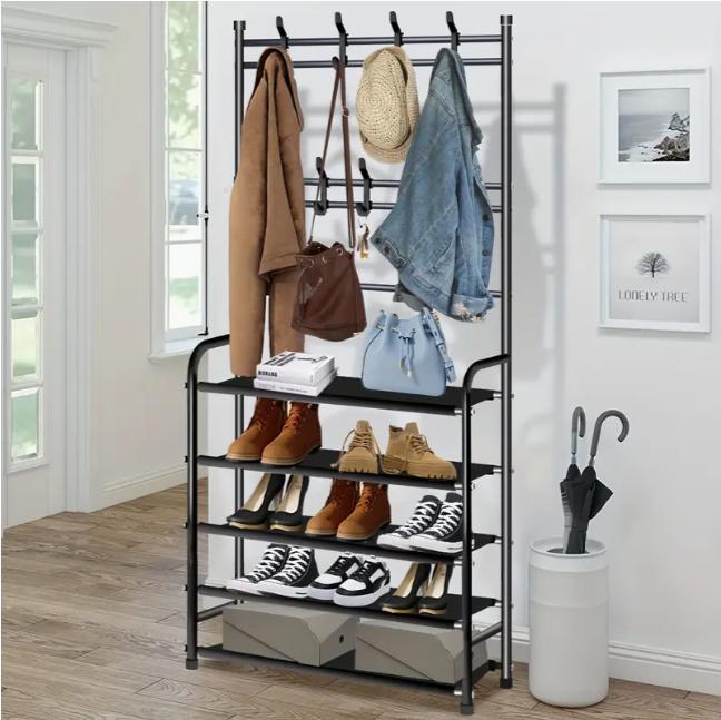 Portable Clothes Rack, Heavy Duty Metal Garment Hanger Stand with Hooks, Collapsible Coat Tree for Home Bedroom Closet Organizing