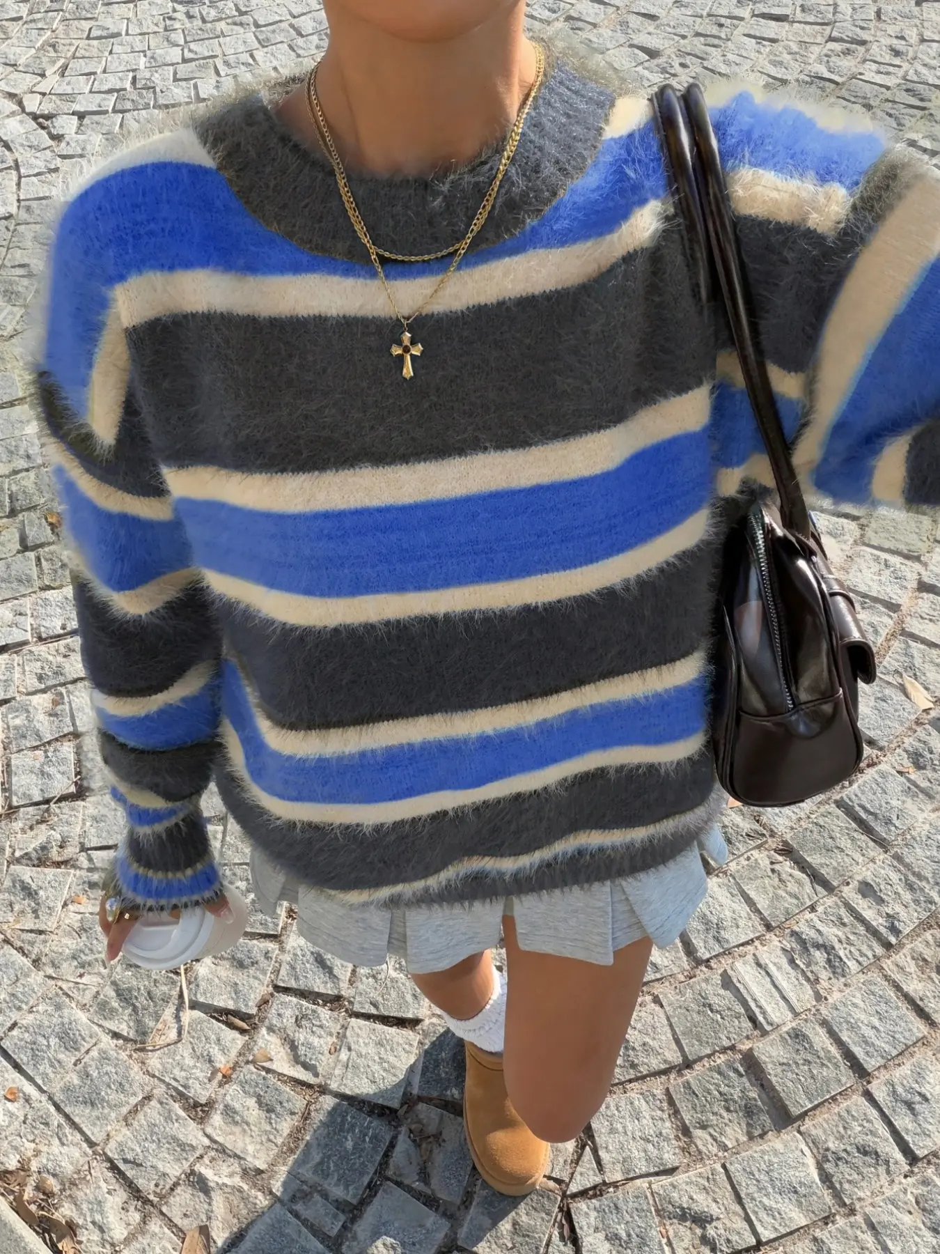 Vintage Colorblock Striped Mink Faux Fur Sweater for Women, Loose Fit Lazy Style Soft Round Neck Pullover Knit Top for Fall Winter