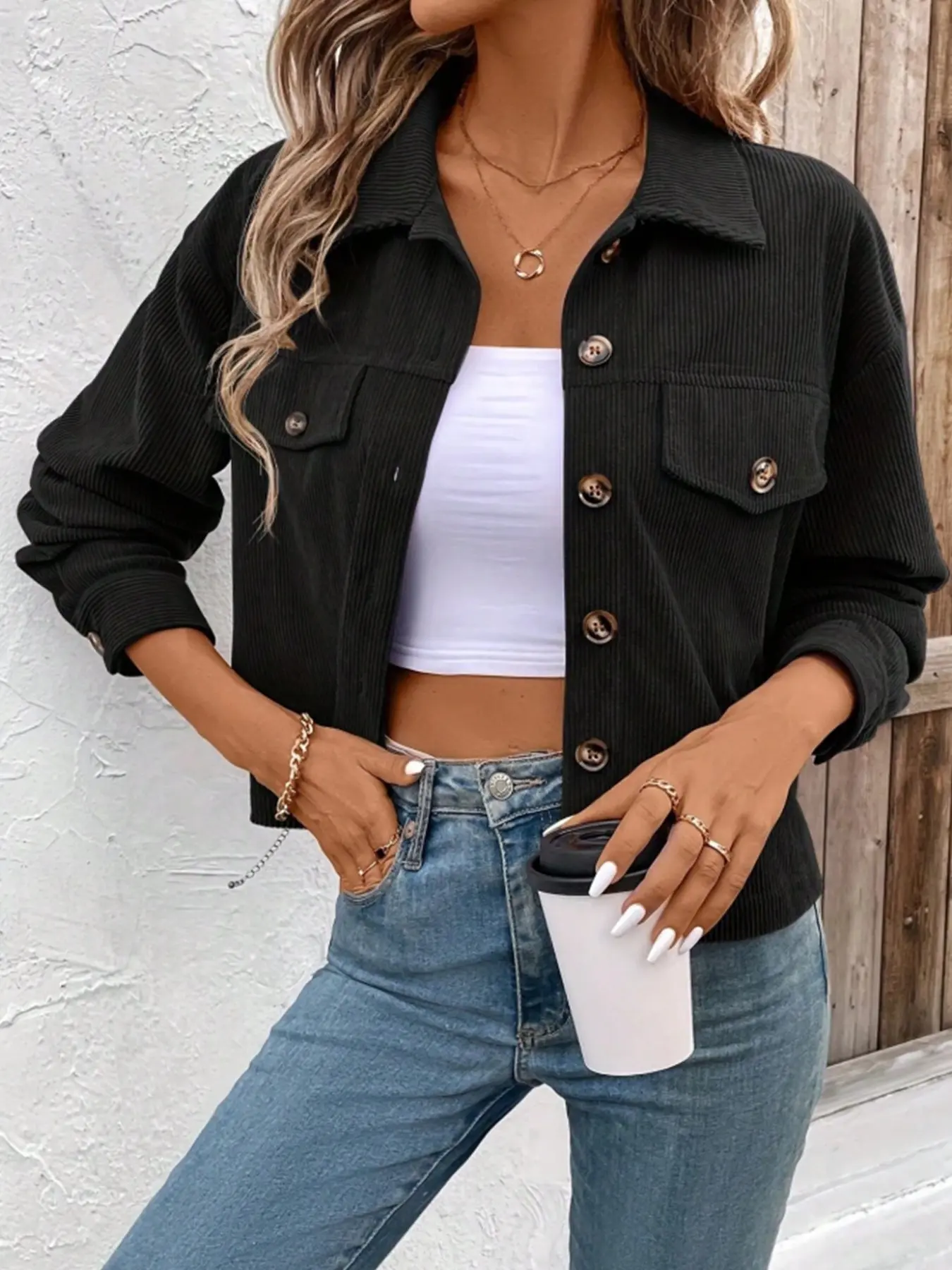 2026 Women's Vintage Workwear Style Solid Button Front Drop Shoulder Velvet Jacket, Casual Long Sleeve Notch Lapel Coat, Spring Fall Fashion