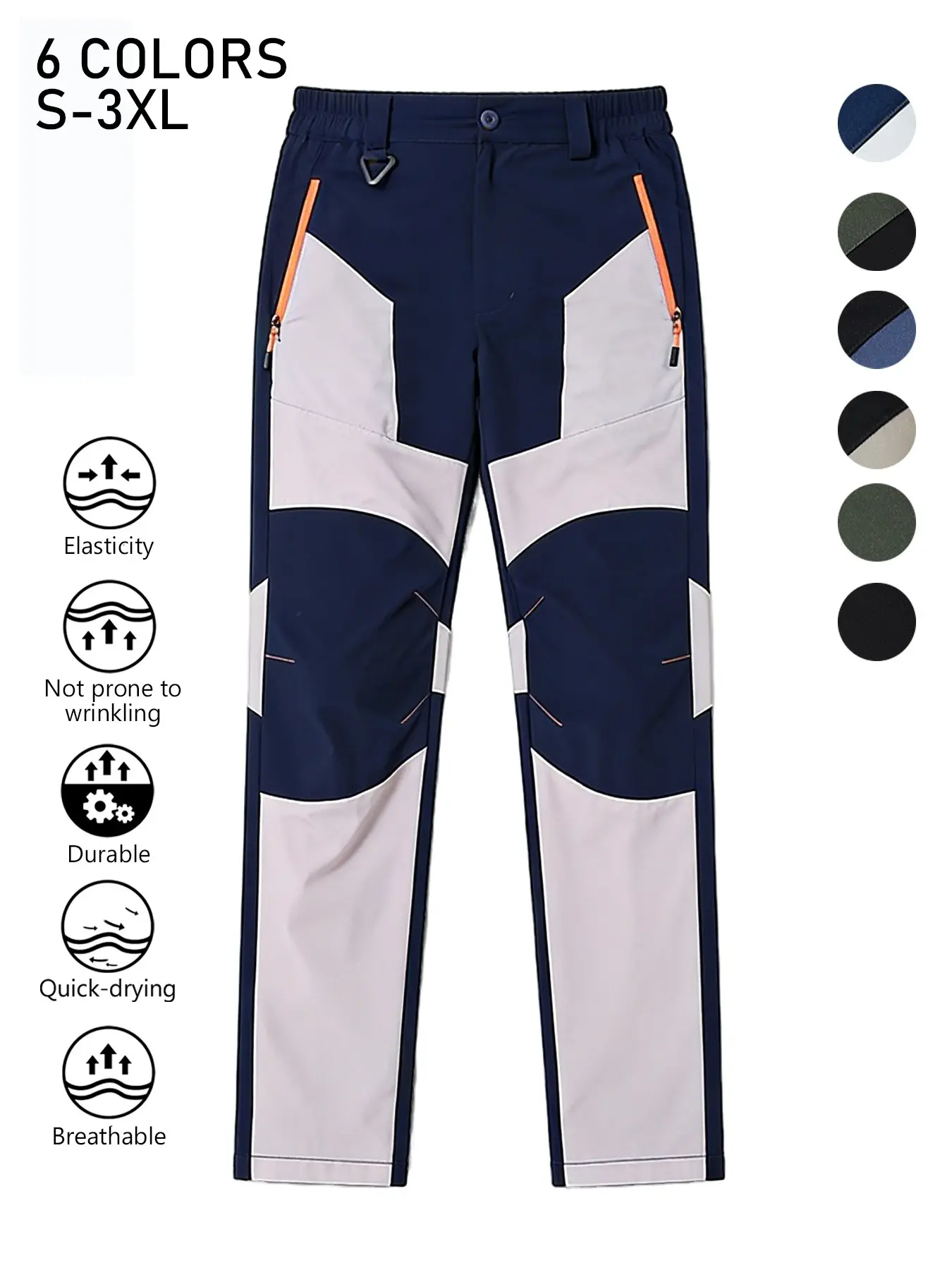 Men's Color Block Quick Dry Hiking Pants, Elastic Waist Breathable Stretch Outdoor Trekking Trousers, Wrinkle Resistant Durable Straight Pants with Zipper Pockets for Mountaineering Cycling Fishing Summer Sports Daily Wear, 6 Colors Available Sizes S-3XL