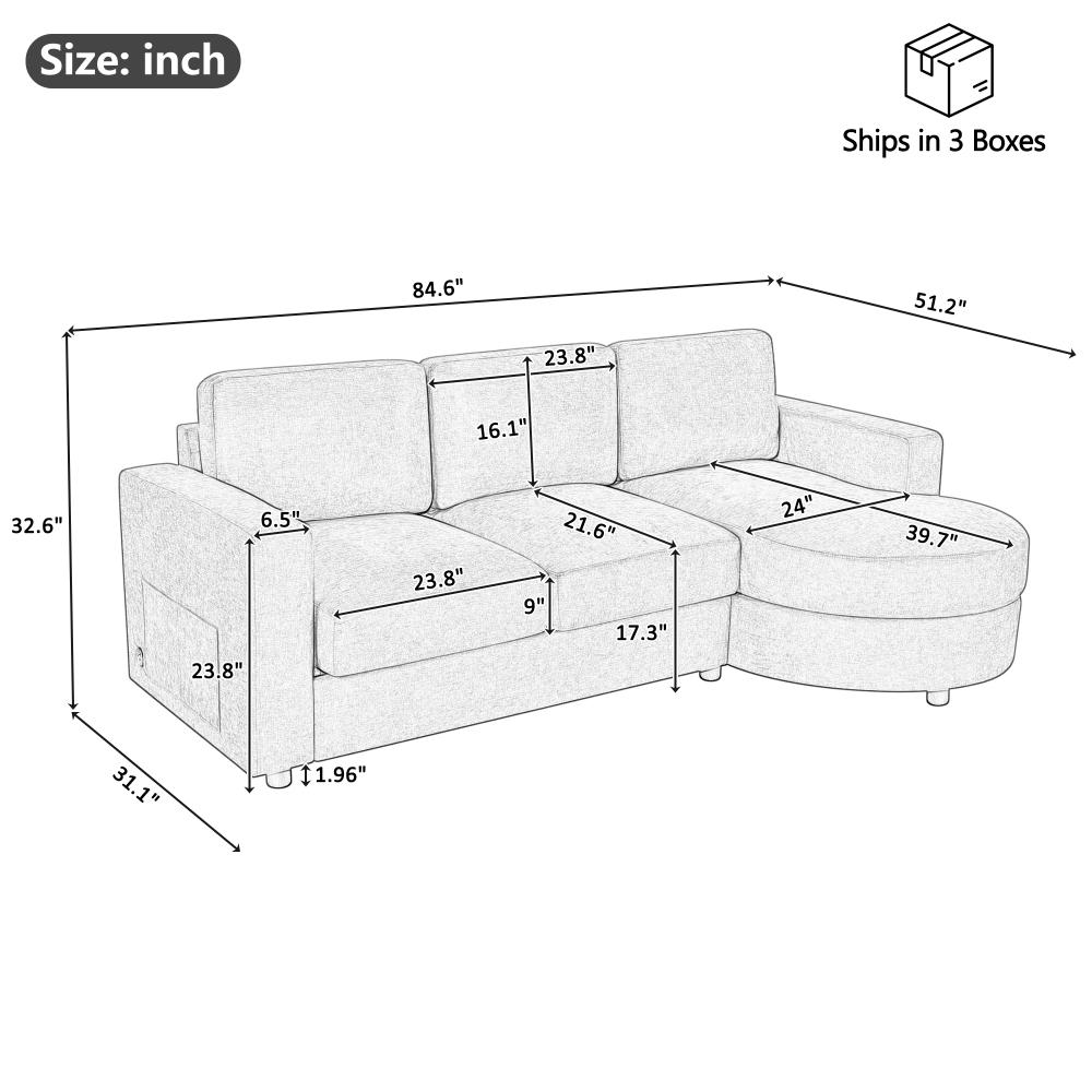 84.6" L-shaped Modern Sectional furniture Sofa Couch with a Curved Chaise Lounge, USB Ports and Side Storage Pockets for Living Room, Brown
