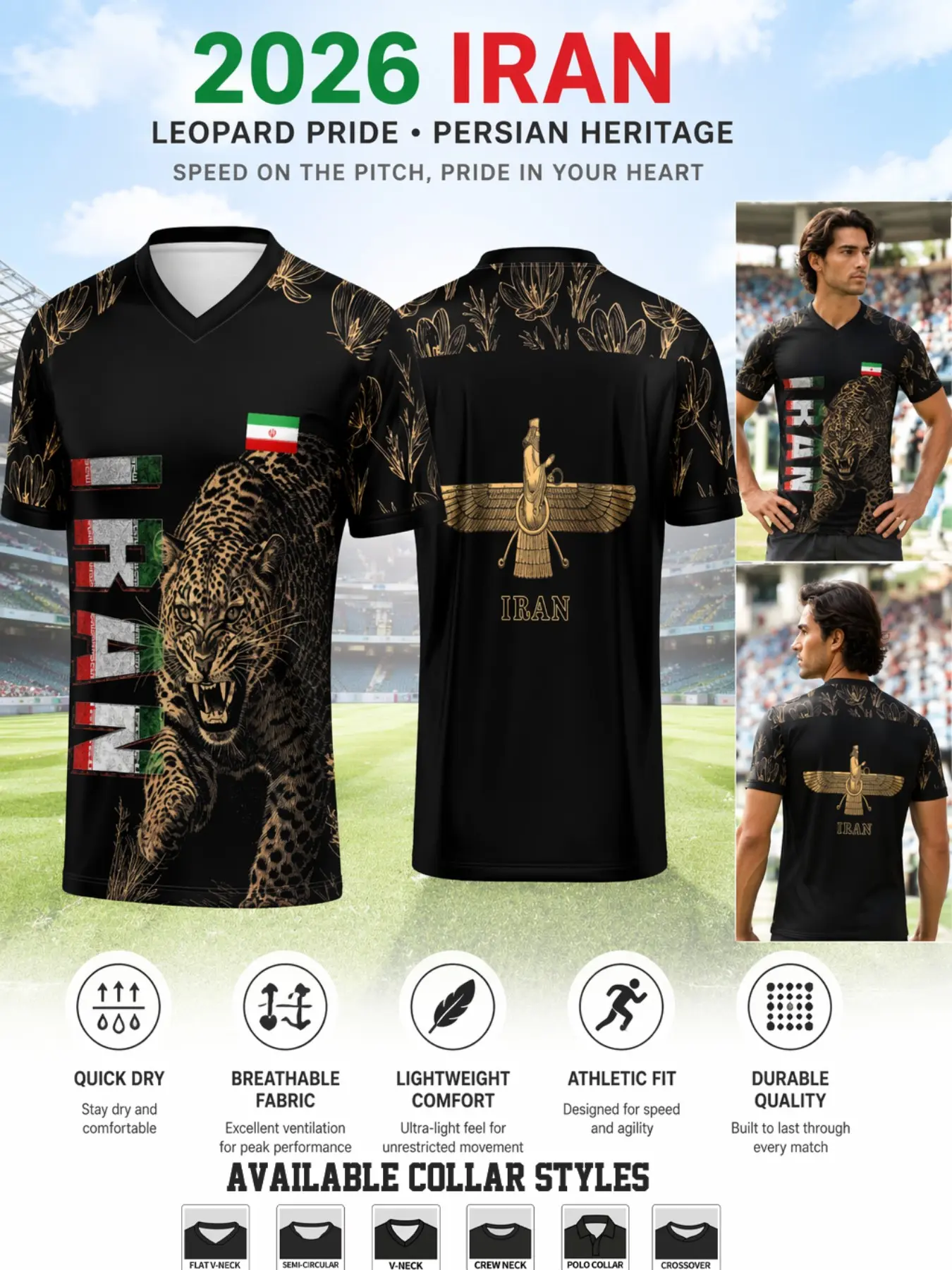 Iranian Gold Persian Leopard God Bird Soccer Short Sleeve, Quick-Dry Mesh, Breathable, Slim Fit, All Seasons Casual T-Shirt