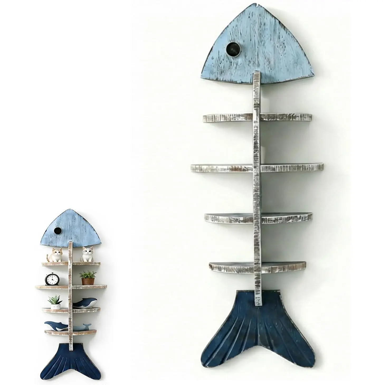 Rustic Wooden Fish Floating Shelf, Unique Fishing Decor Wall Mounted Organizer, Coastal Nautical Display Shelf for Lake House, Bathroom & Living Room