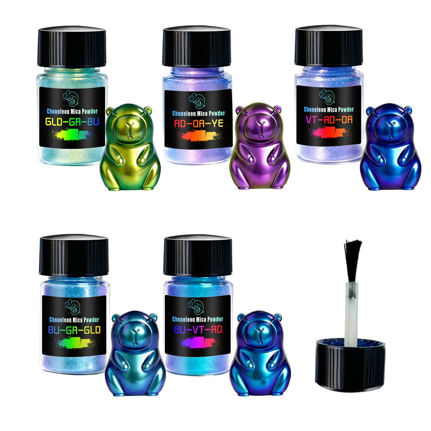 5 Pack Chameleon Color Shift Mica Powder with Applicator Brush, Iridescent Pearlescent Pigment for Epoxy Resin, Nail Art, Slime, DIY Crafts