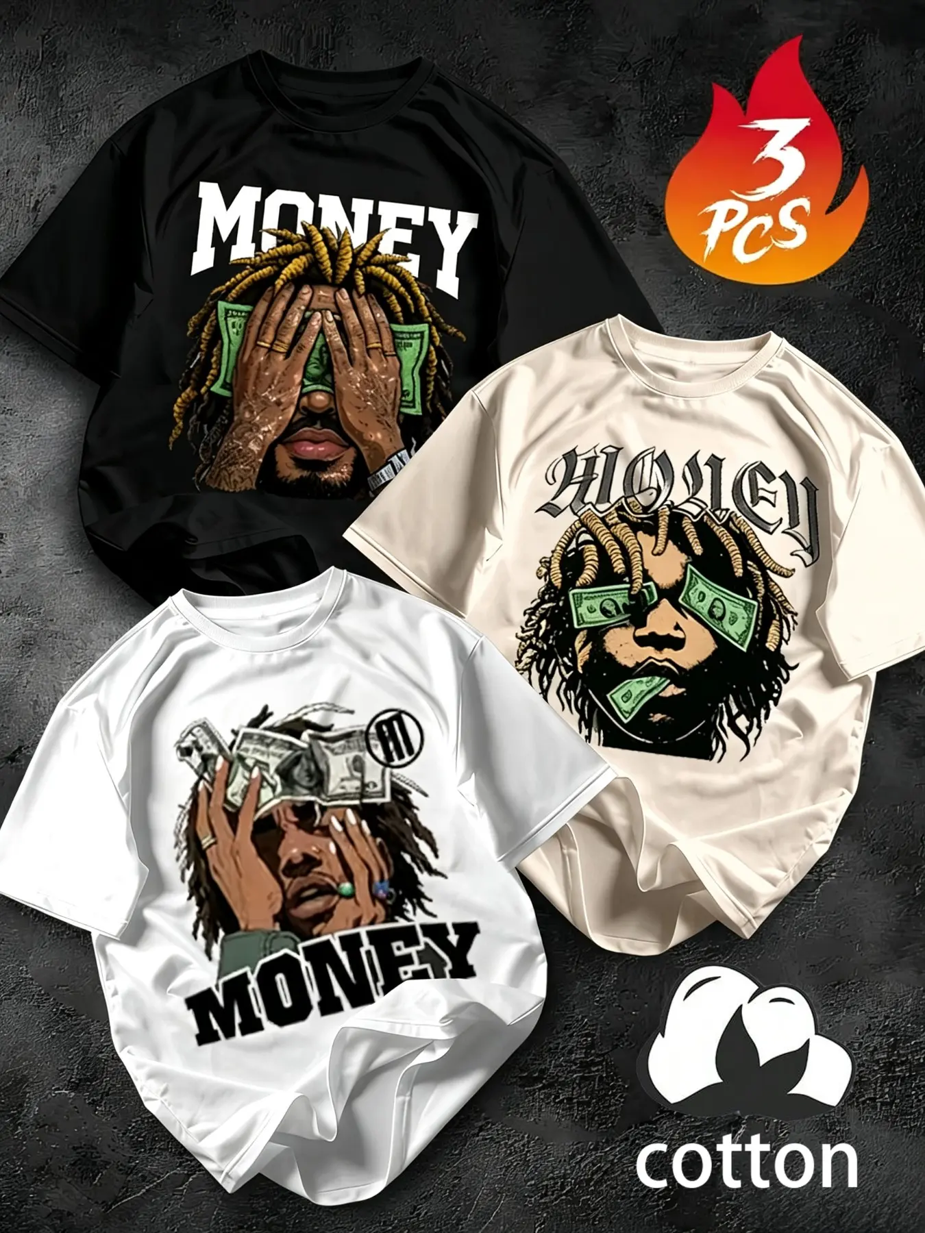 Large Size Men's 3-Pack 100% Cotton Loose Fit T-Shirts, Dirty Braided Us Dollar Portrait Print, Short Sleeve Casual Clothing