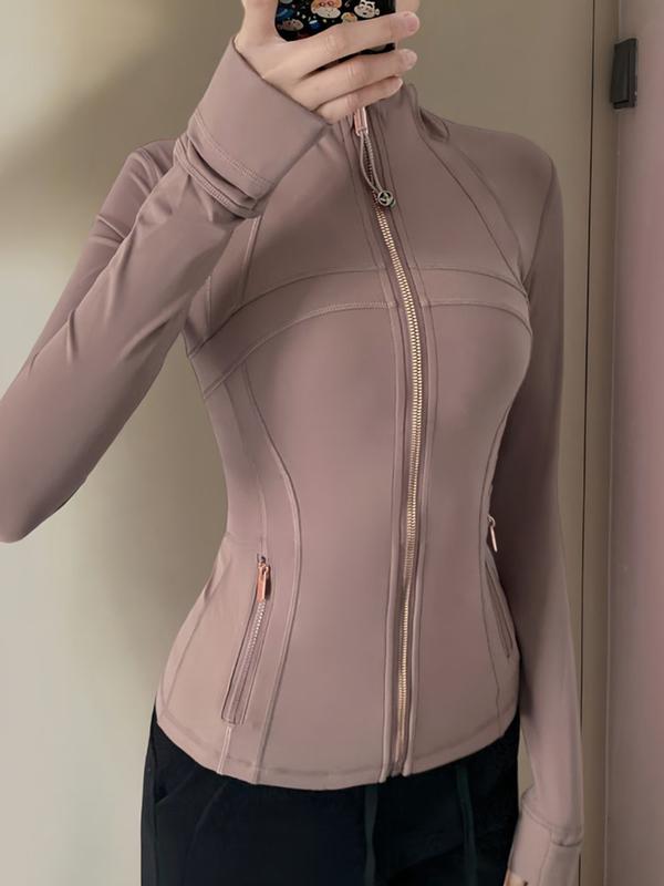 Yoga jacket for women, spring stand up collar, gold zipper, slim fit, casual long sleeved outdoor fitness suit top