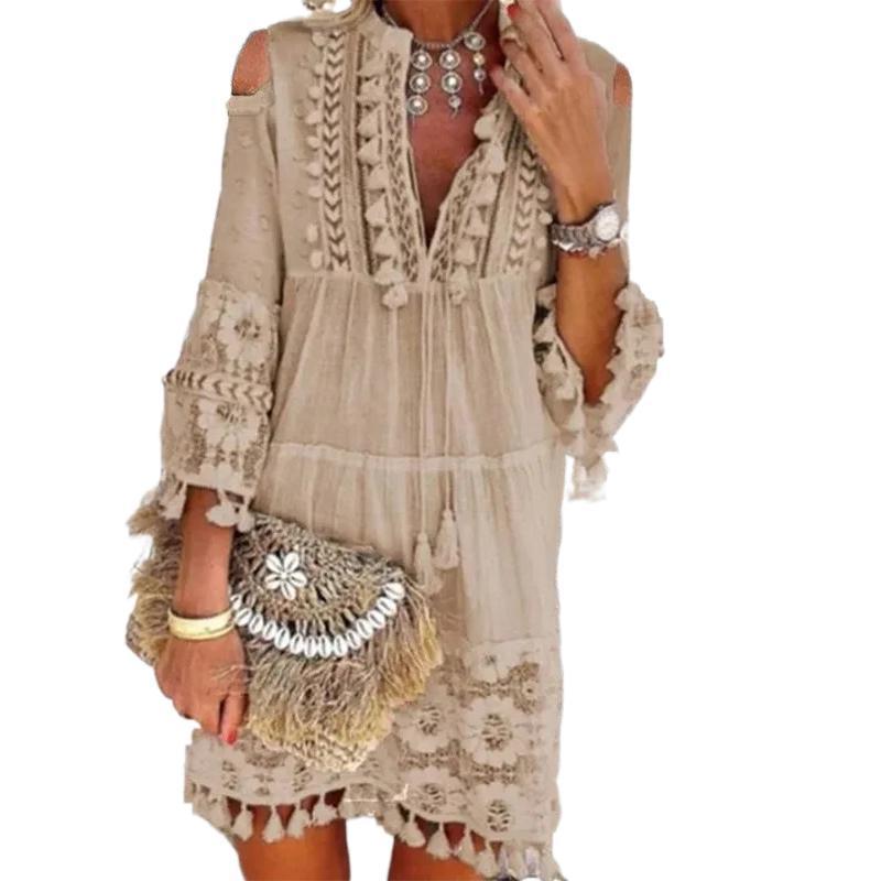 New Spring Embroidery Crochet Lace Boho Dress – Elegant Off Shoulder Tassel Ruffle Mini Dress, V Neck Summer Beach Dress for Women Casual Womenswear Basic Batwing Bohemian Minimalist White