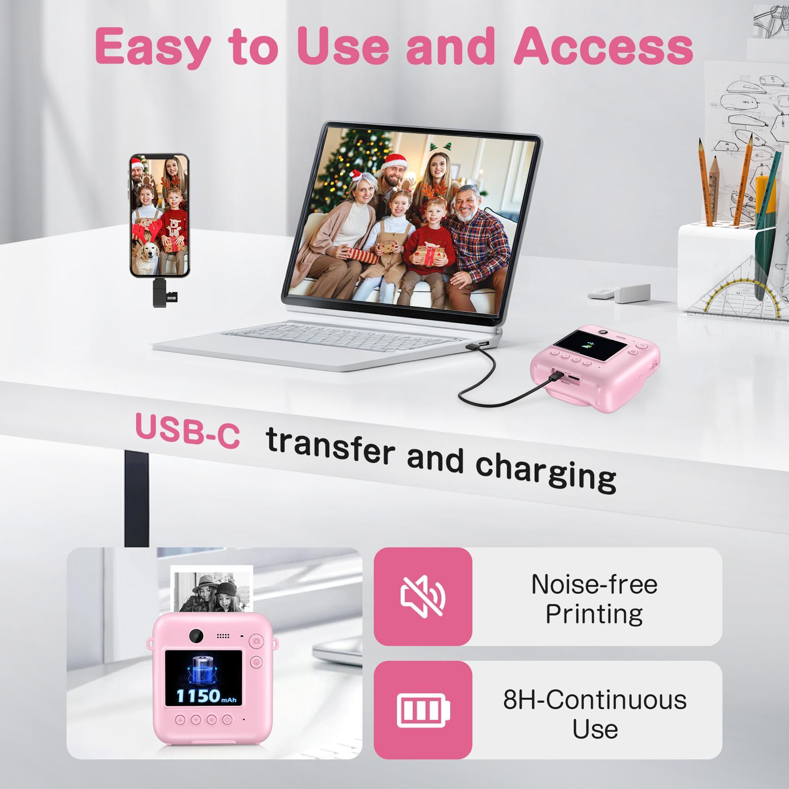 Portable Instant Print Digital Camera, 1080P Video Camera with 32G Card & 4 Rolls Print Paper, Camera for Boys and Girls Birthday Gifts