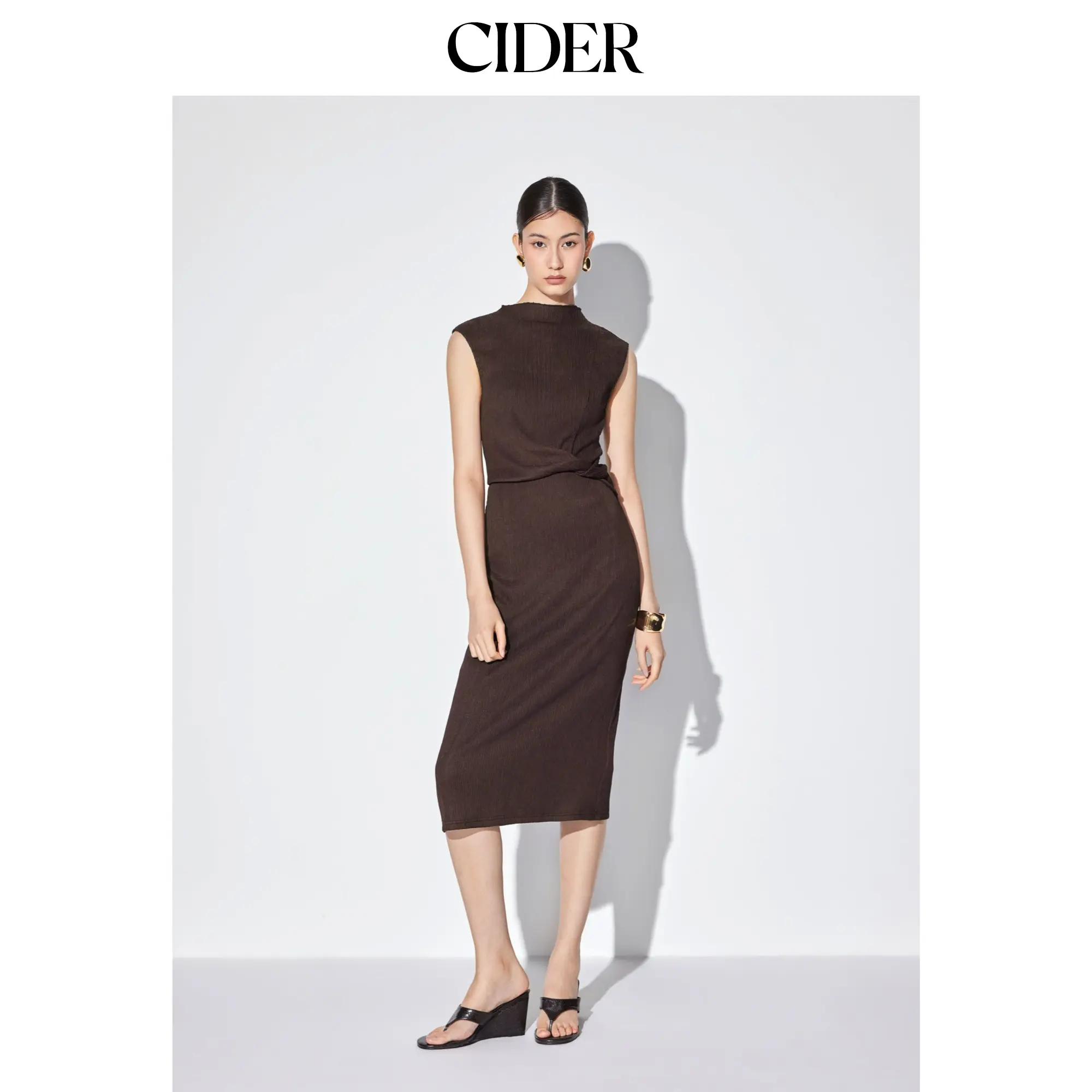 Cider Textured High Neck Twist Knotted Straight Maxi Dress