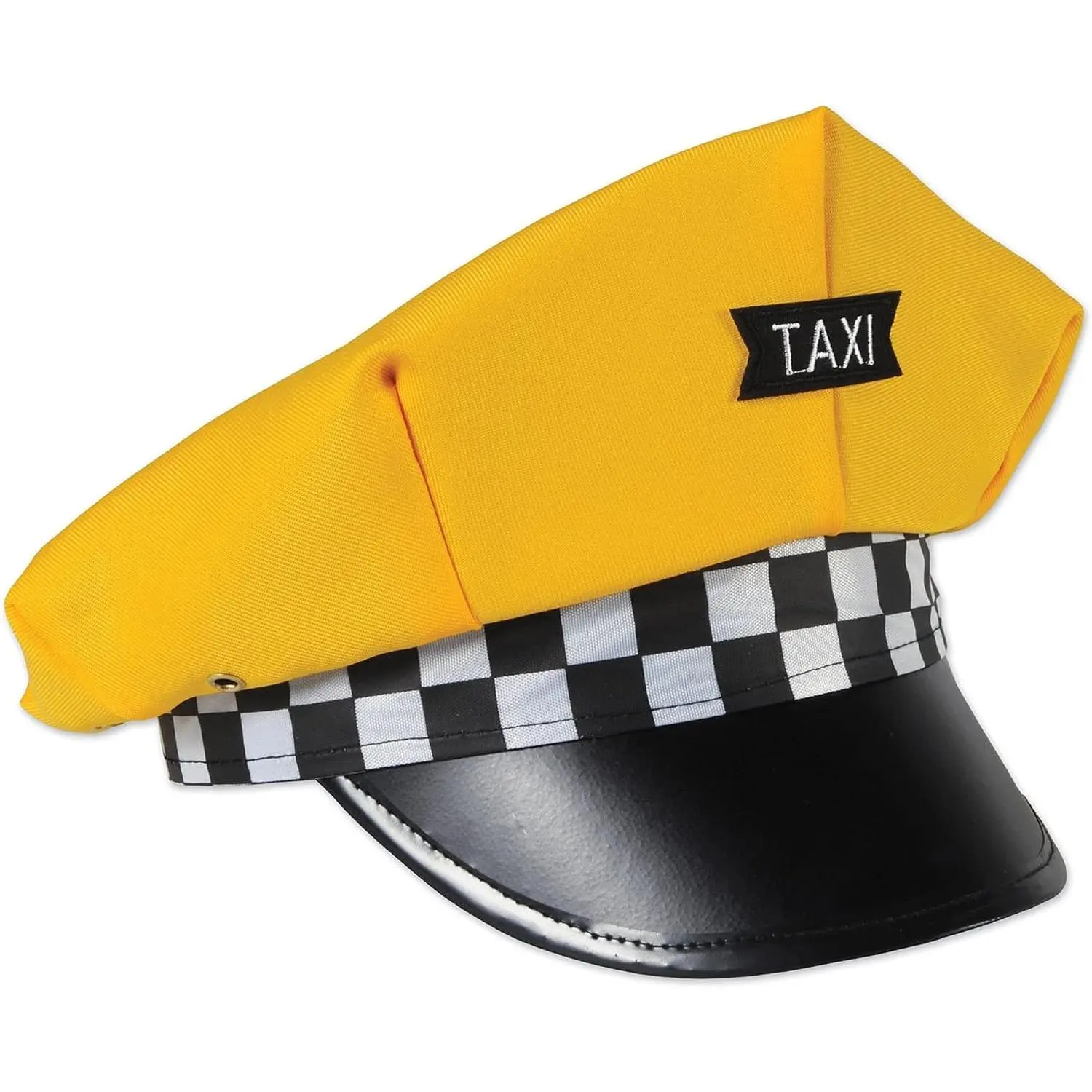 Retro Yellow Fabric Oversized Taxi Hat Costume Cap with Black Visor, Checkerboard Band & Taxi Patch for Halloween, 1980s Theme Parties, New York City Cabbie Events and Theatrical PlaysGift