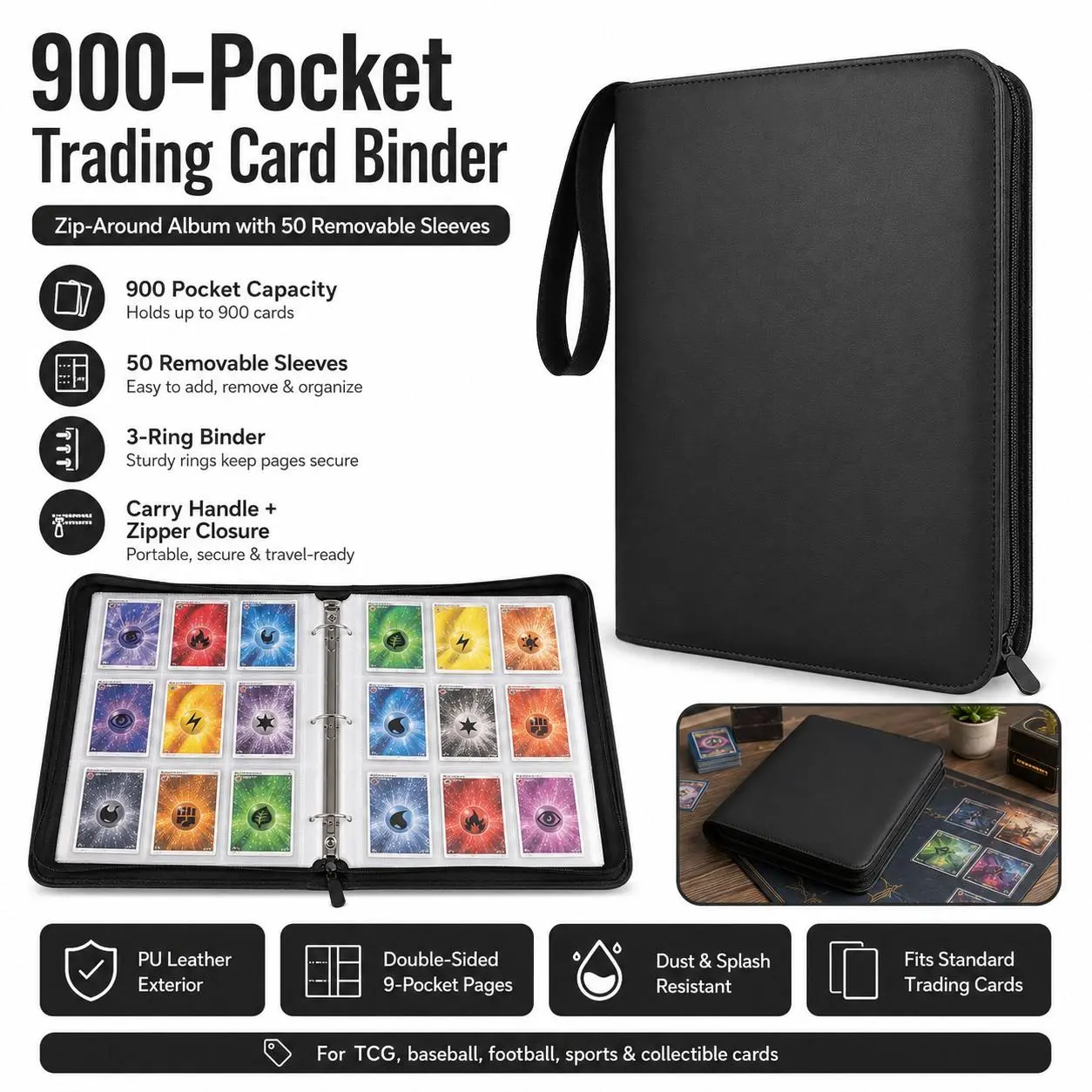 900-Pocket Trading Card Binder, Trading Card Storage, PU Leather 9 Grids per Page Card Collection Album with 50 Removable Pages, 3-Ring Organizer, Zip-Around Closure, Carry Handle, Water-Resistant Card Holder for Sports, Collectible Cards