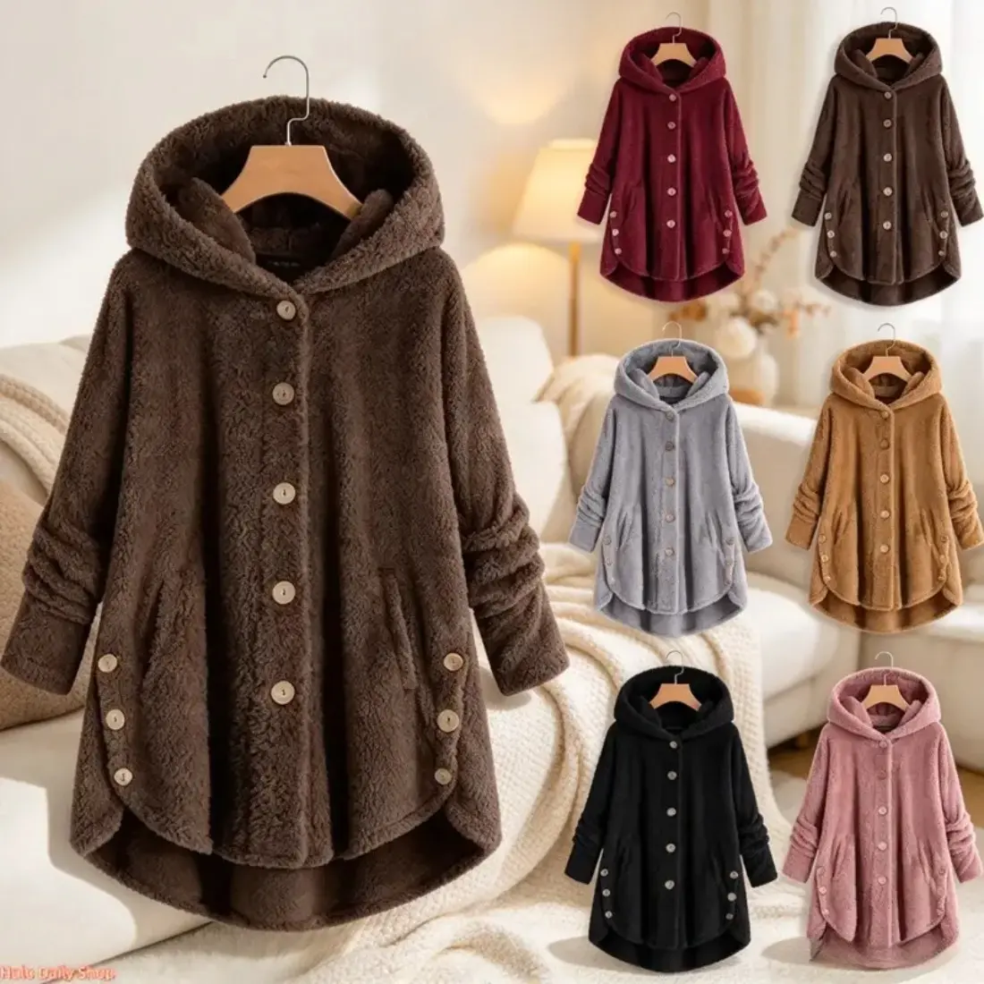 Women's Winter Plush Jacket, Solid Color Crew Neck Outerwear with Asymmetric Button Design, Soft Cozy Casual Jacket for Women, Stylish Warm Layer for Travel, Outdoor Activities, Work, Weekend & Everyday Wear