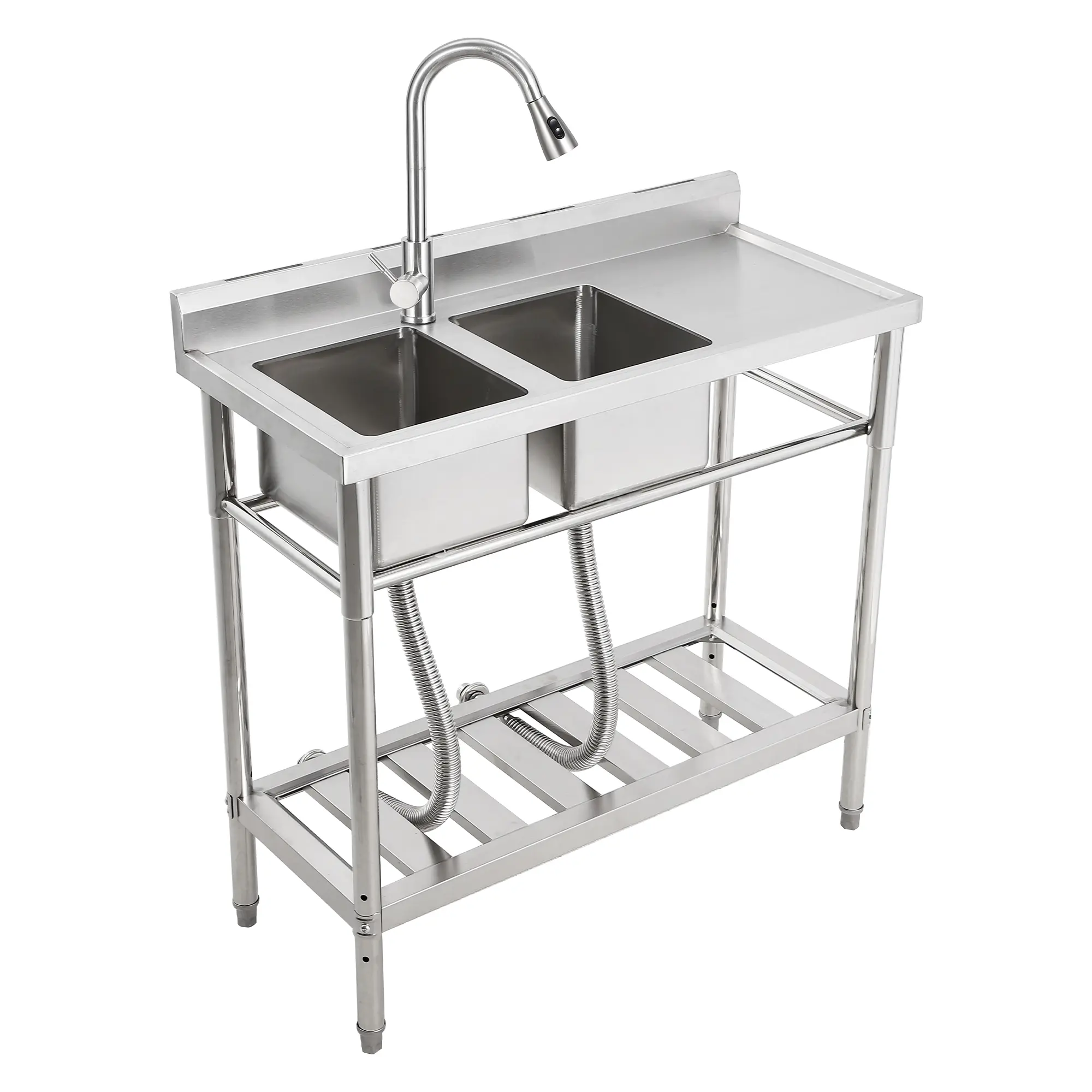 Hosslly 39x18x40 in Stand-Alone Double Bowl Stainless Steel Utility Sink - Commercial Use Sink with Pull-Down Faucet, Hot/Cold Water Pipes for Kitchens/Restaurants, Laundry