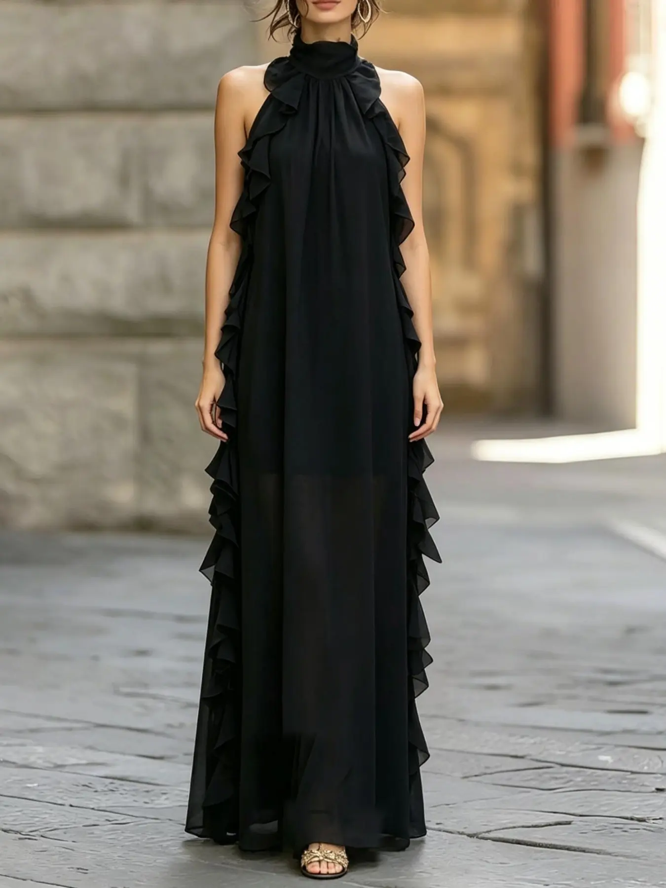 French Ruffle Sleeveless Long Dress, Luxurious Waist-Cinch Formal Evening Gown, Elegant High-Slit Chiffon Dress, Perfect for Parties and Beach Vacations, Elegance