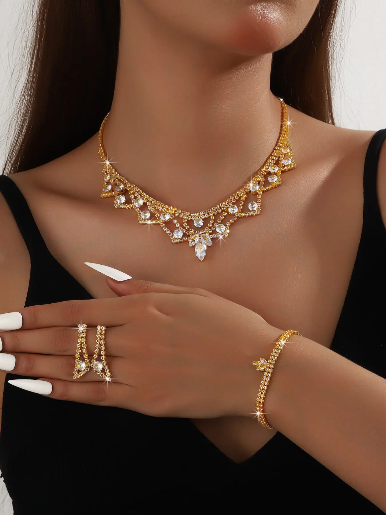 Three Piece Set Middle Eastern Bride Wedding Jewelry, Luxurious Flashing Synthetic Zircon Geometric Necklace Bracelet Earrings
