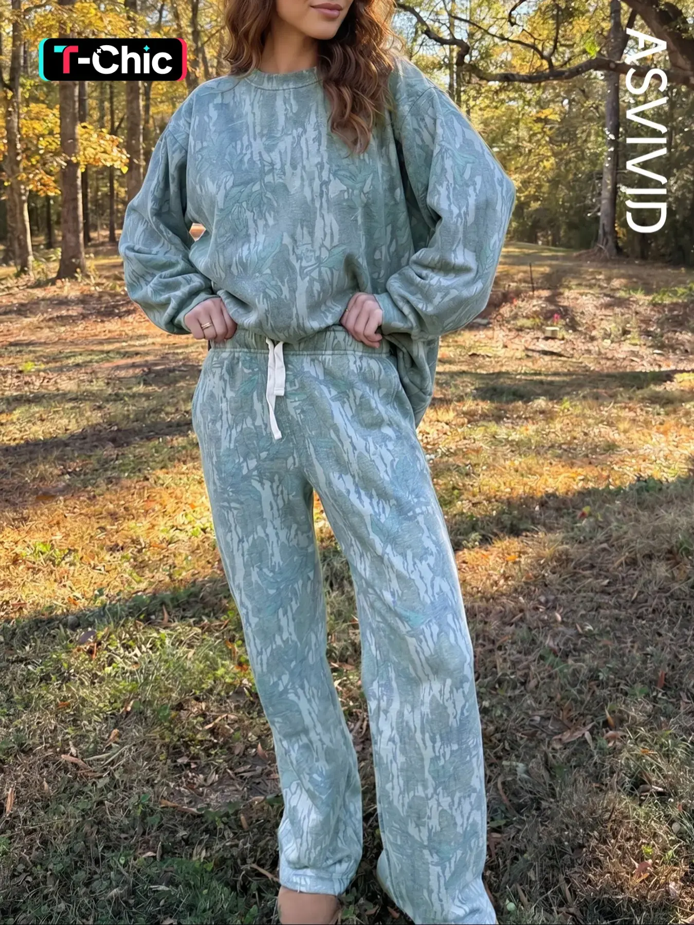 Women's Casual Abstract Plant Print Long Sleeve Pullover and Pocket Drawstring Pants Set, Adjustable, High Waist, All Seasons, Two-Piece Set