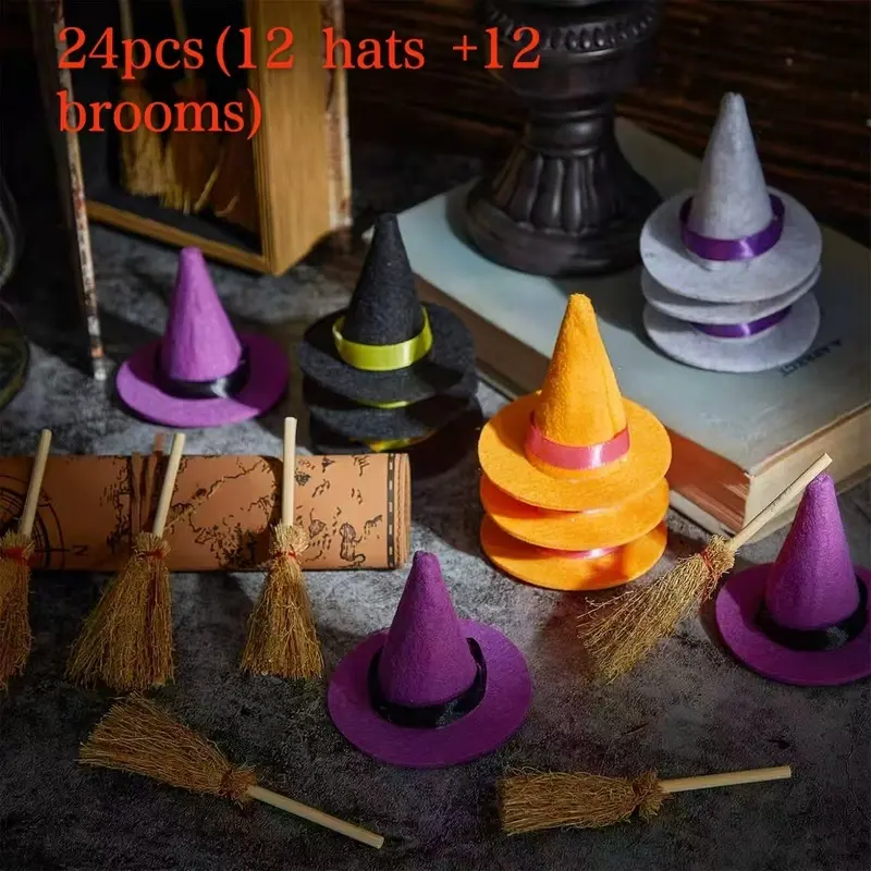 24pcs(12 hats +12 brooms) mini witch hat and broom set-suitable for Halloween, Christmas and Thanksgiving party decoration, special for magic medicine bottles, and can be used as party gifts and handicraft materials.